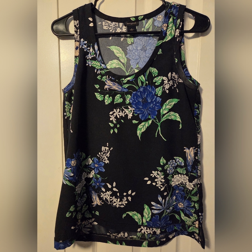 Ann Taylor Black and Blue Floral Tank Top